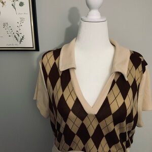 Brown and Cream Argyle V-Neck Sweater